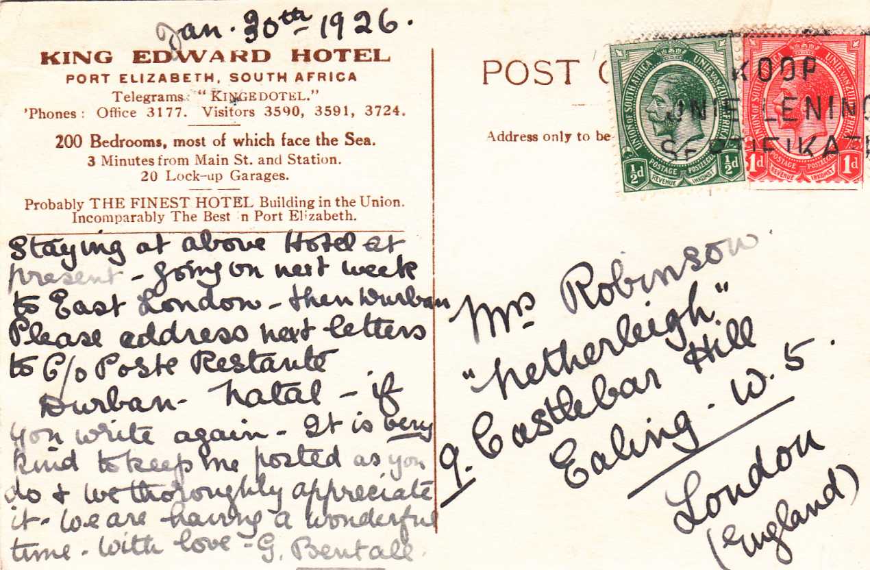 Port Elizabeth - King Edward Hotel 1926 back