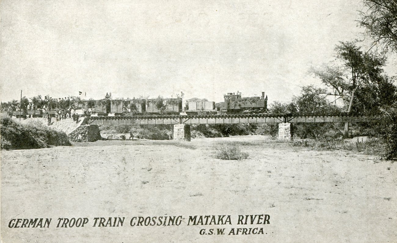 German troop train crossing Omatako River G.S.W.A., WWI